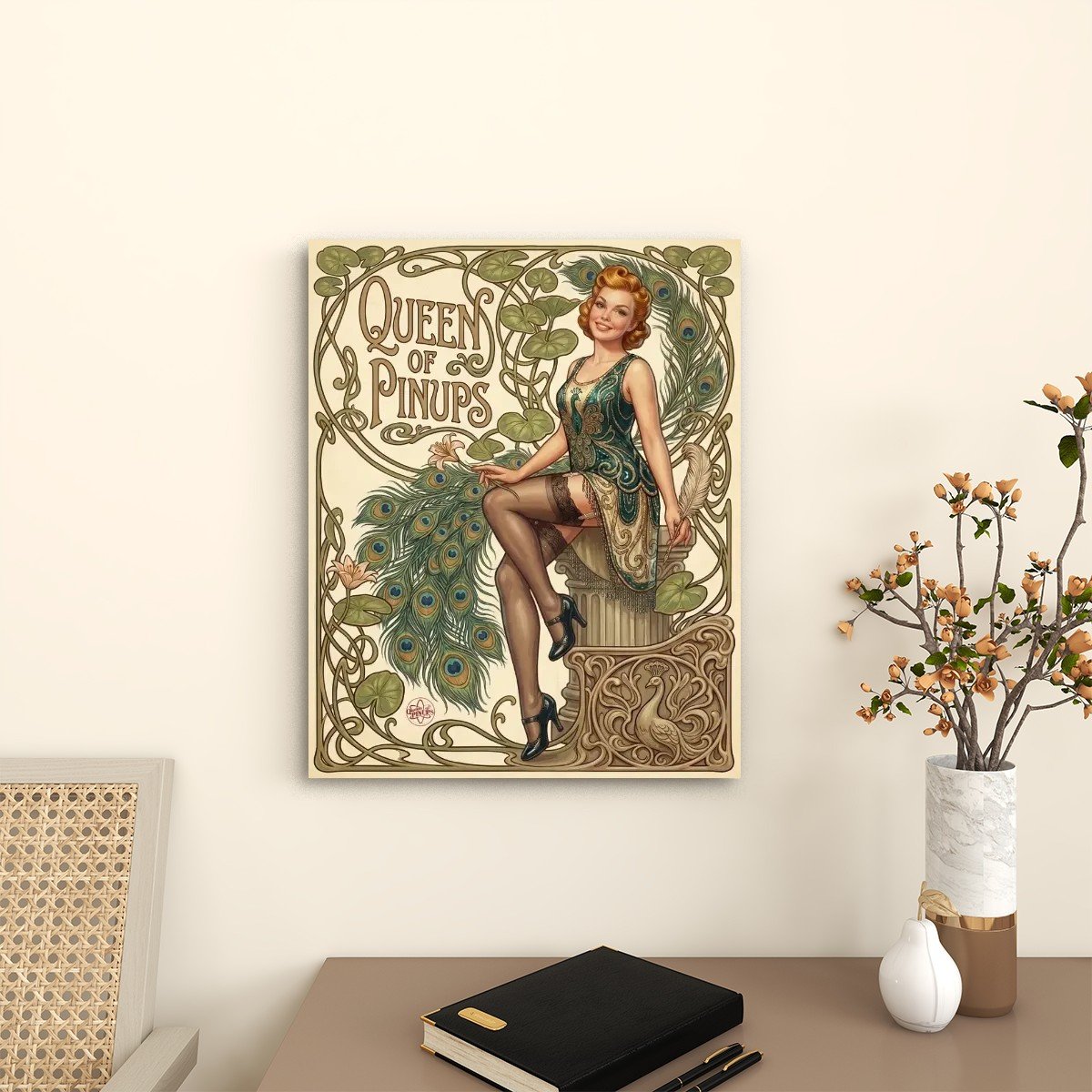 Tableau Toile Imprimée Pin-Up Paon et Plume 1 Tableau Toile Imprimée Pin-Up Paon et Plume