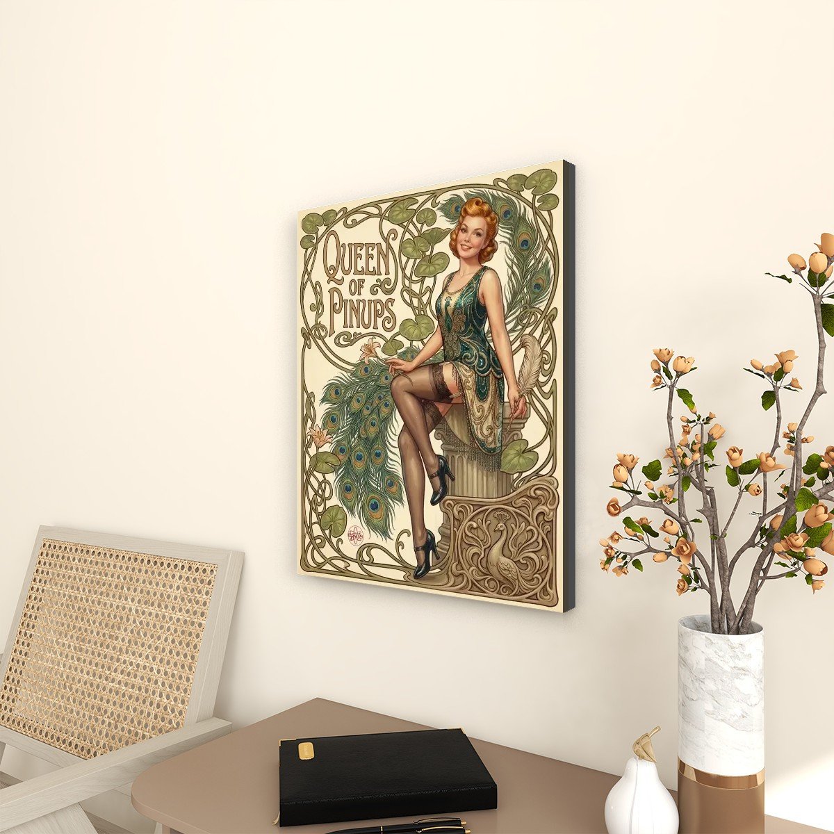 Tableau Toile Imprimée Pin-Up Paon et Plume 2 Tableau Toile Imprimée Pin-Up Paon et Plume – Image 2