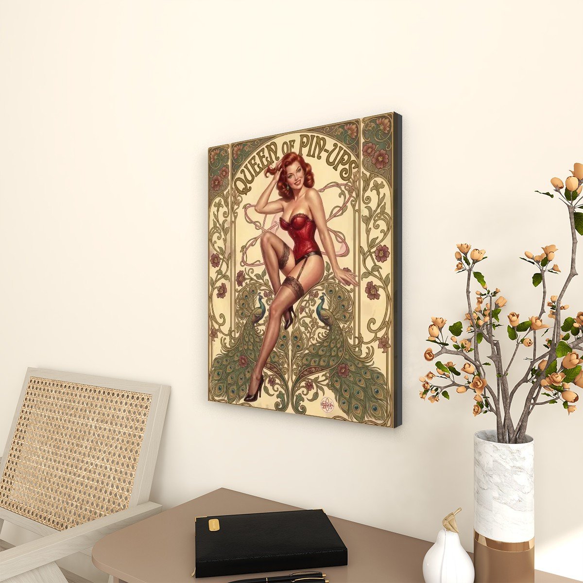 Tableau Toile Imprimée Pin-Up Paons et Corset 2 Tableau Toile Imprimée Pin-Up Paons et Corset – Image 2